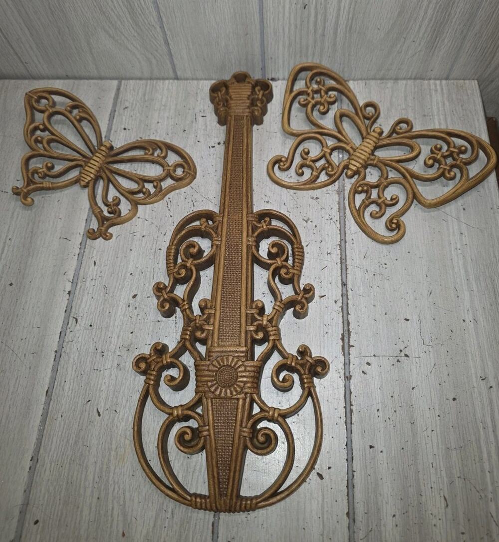 Vtg HOMCO Butterfly Violin Wall Hangings Faux Bamboo MCM GrandmaCore Set Of 3